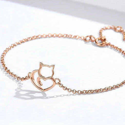 Pulseira Amor Felino Minimalista Prata 925 Banhado a Ouro