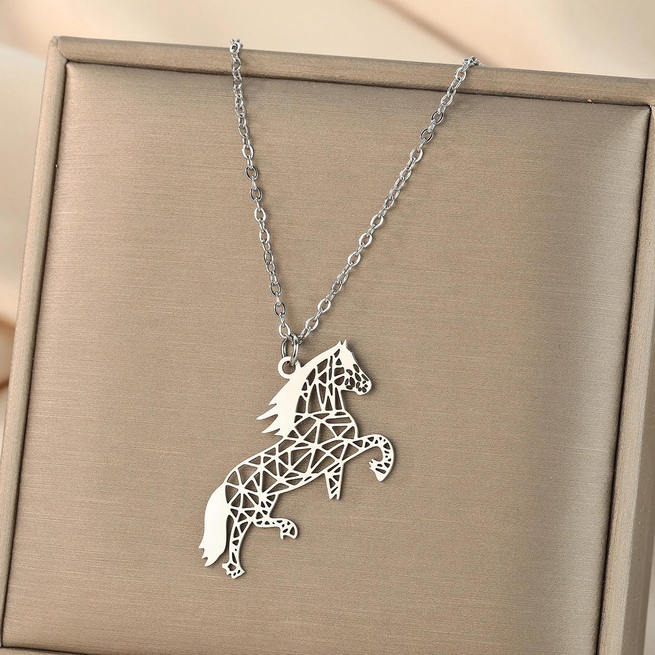 Conjunto Corrente e Pingente Cavalo Origami Prata