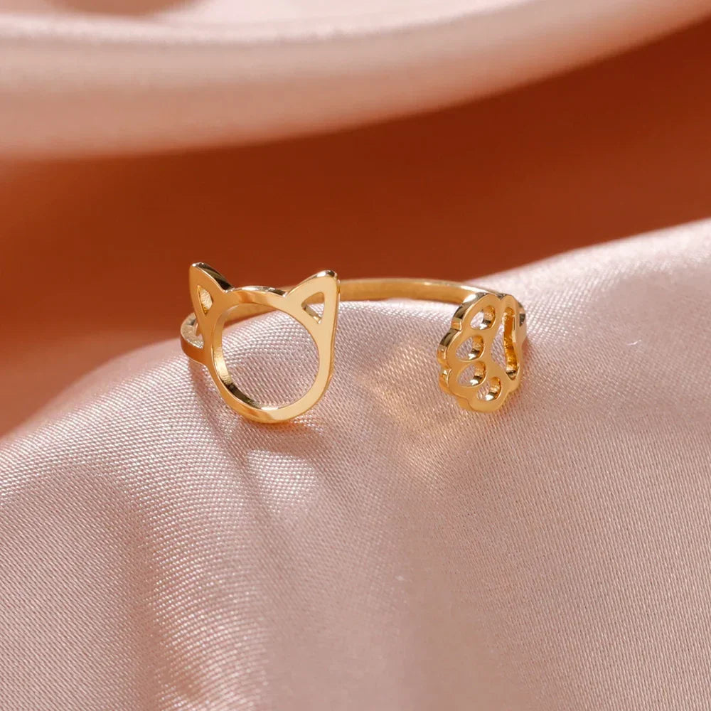 Anel Orelhas e Patinhas Felinas Ajustável Dourado