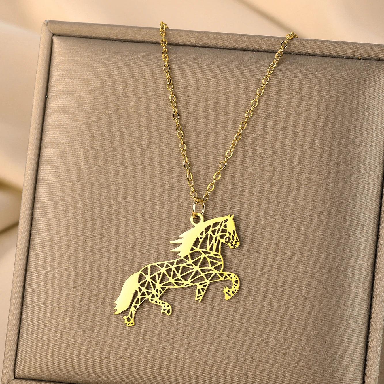 Conjunto Corrente e Pingente Cavalo Origami Dourado