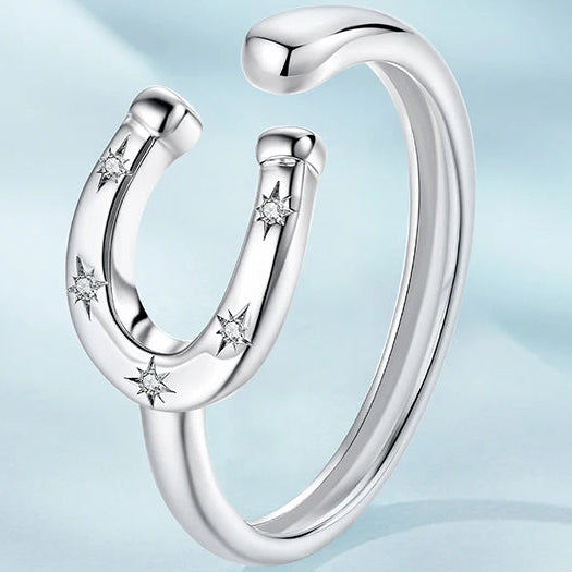 Anel Ferradura Prata 925  com Pontos Brilhandes Ajustável