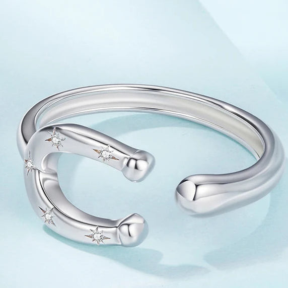 Anel Ferradura Prata 925  com Pontos Brilhandes Ajustável