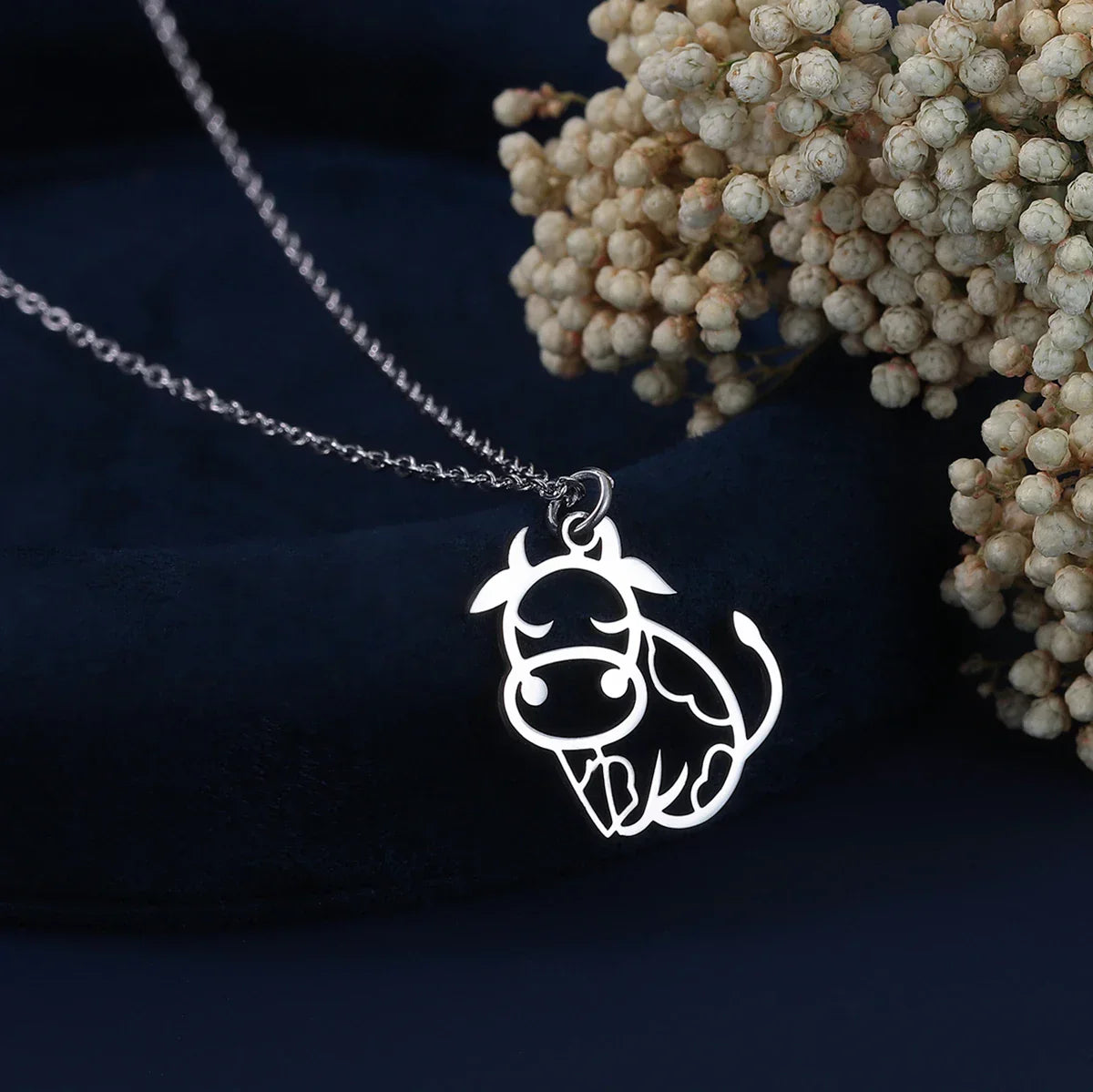 Conjunto Corrente e Pingente Vaquinha Vasada Prata