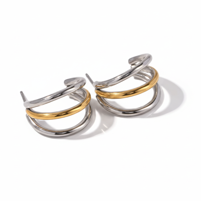 Brinco Triplo Argolas Minimalistas Dourada ou Prata ou Mista