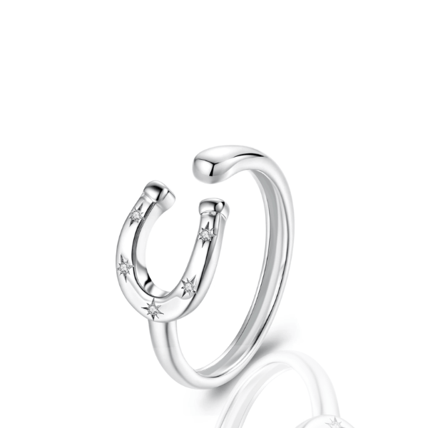 Anel Ferradura Prata 925  com Pontos Brilhandes Ajustável